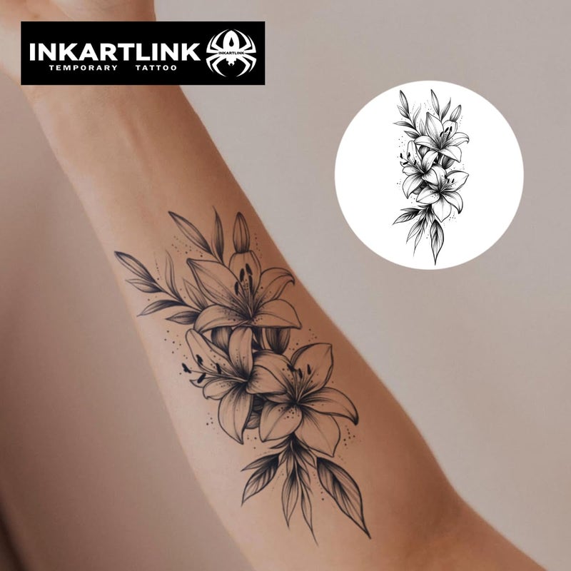 INKARTLINK Semi Permanent Tattoo, large female flower tattoo, beautiful and realistic design, fun tattoo experience, cruelty-free, non-reflective, waterproof (Lily) - Image 3